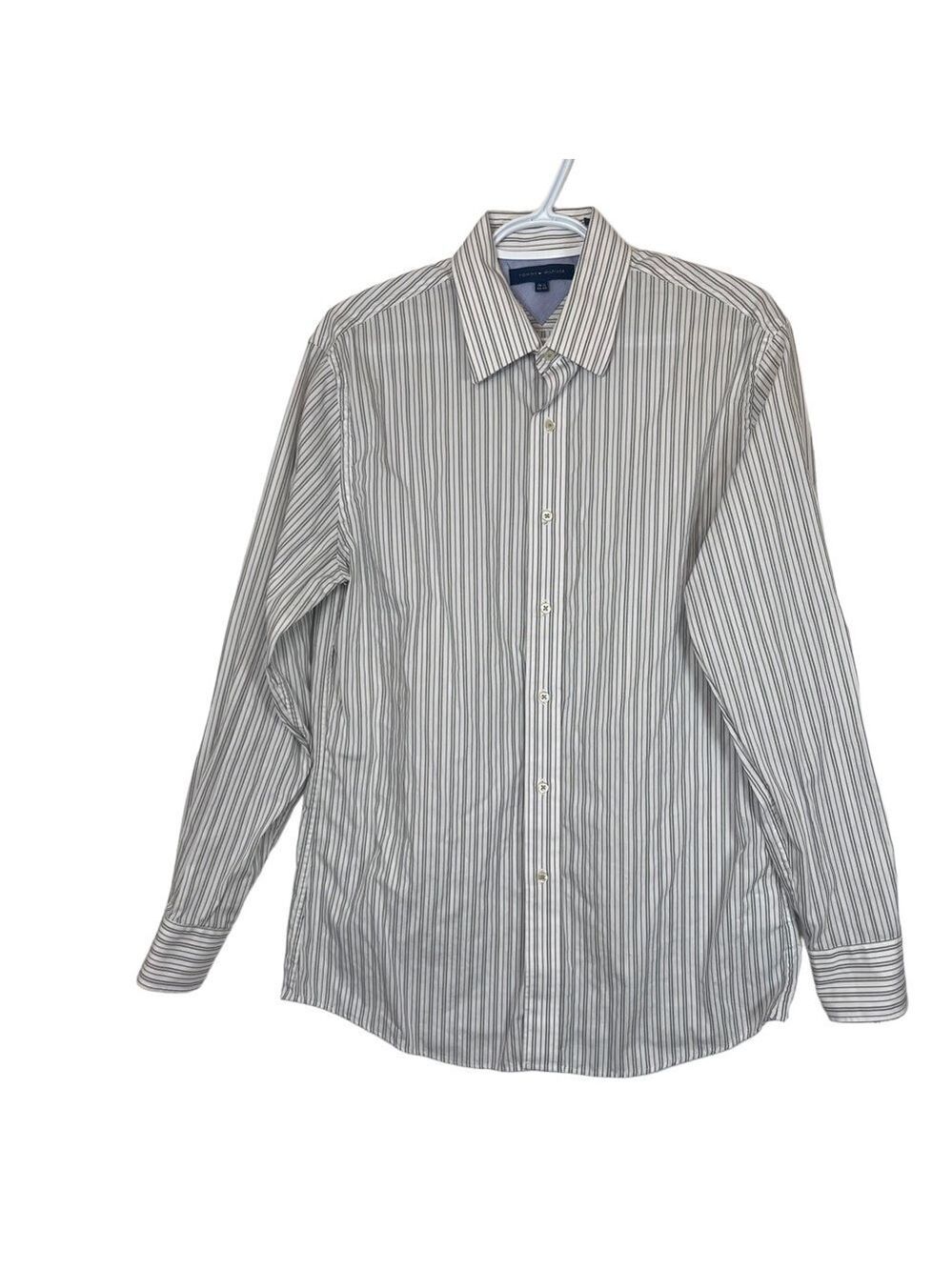 Tommy Hilfiger White Grey Striped Long Sleeved Casual Button Down Dress Shirt